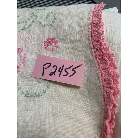 Vintage Hand-Cross Stitched Floral Table Runner with Pink Crochet Trim 36"x15" - Picture 8 of 8